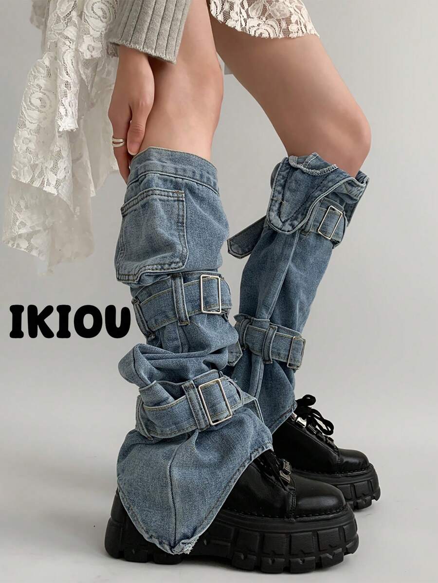 polve Y2K Subculture Style Asymmetrical Leg Warmers With Strap, Sweet & Cool American Baddie Design - Blue (suitable for Calf Circumference Up to 38cm) - View 1