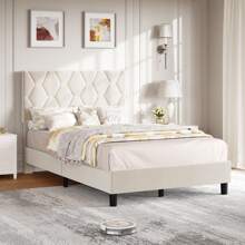 Twin/Full/Queen/King Bed Frame Upholstered Platform With Headboard And Strong Wooden Slats,Linen Fabric Upholstered Bed Frame With Adjustable Headboard,Non-Slip And Noise-Free,No Box Spring Needed - 米色 - 查看 2