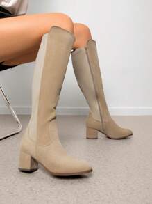 Women's Knee High Stretchy Fashion Boots Round Toe Chunky Heel Fashionable Classic Boots - Màu be - Xem 1
