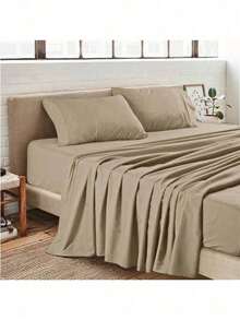 Juego de sábanas Queen de microfibra ultrasaves y transpirables, 4 piezas, tamaño cama matrimonial - Beis - Ver 1