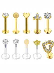 16g 10 Stücke Knorpel Ohrringe ohne Gewinde zum Einsetzen für Helix, Conch, Tragus Piercing, Flachkopf Ohrringe ohne Gewinde, Plastiklabret Schmuck für Lippenpiercing, 6mm 8mm 10mm Medusa Piercing Schmuck