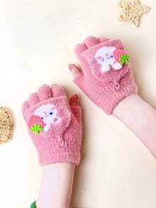 1 双女童粉色草莓兔子图案可爱百搭保暖露指针织手套适合秋冬季 - 1Pair - 查看 5