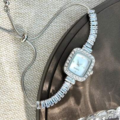 1pc Women's Silver Tone Cubic Zirconia Embellished Adjustable Bracelet Watch With Square Alloy Case, Rhinestone Accented Minimalist Dial, Elegant Quartz Movement