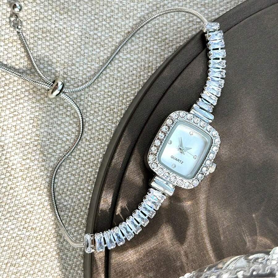 1pc Women's Silver Tone Cubic Zirconia Embellished Adjustable Bracelet Watch With Square Alloy Case, Rhinestone Accented Minimalist Dial, Elegant Quartz Movement