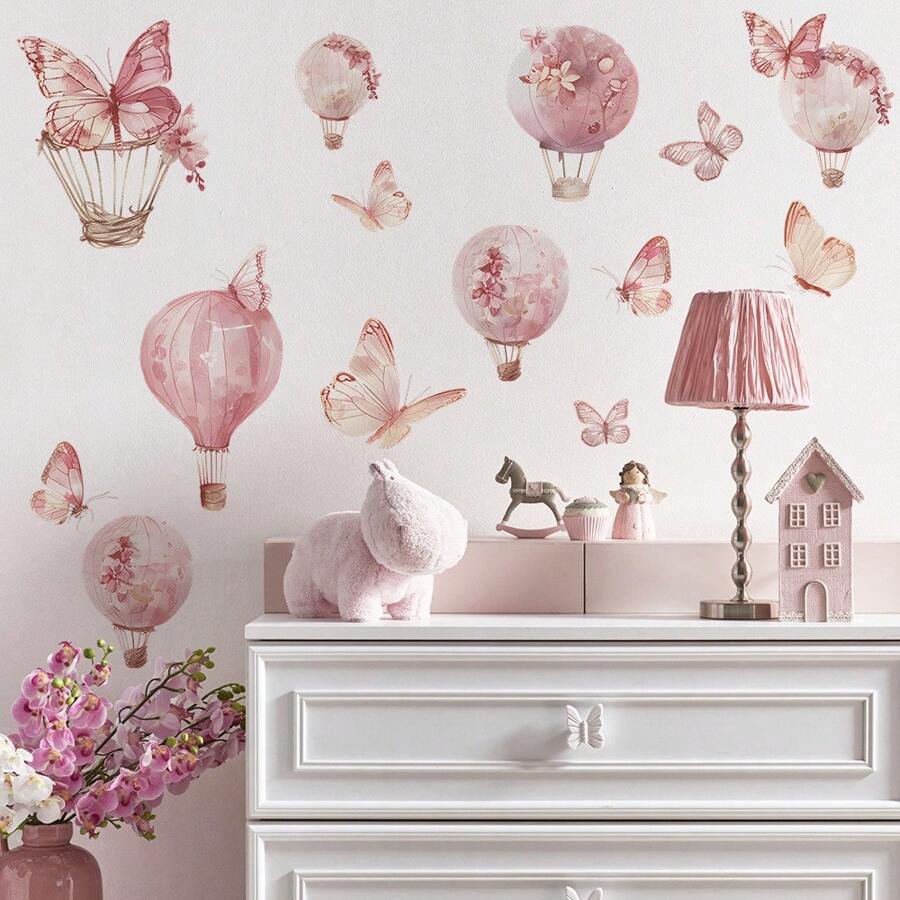 1 Set de Pegatinas de Pared con Mariposas Rosas, Calcomanías de Pared para Habitación de Bebé Niña, Flores, Globo Aerostático, Decoraciones Cálidas y Dulces para Habitación de Bebé, Decoraciones de Pared para Dormitorio de Niños, Decoraciones Desprendibles y Adhesivas para Baby Shower y Regalos Familiares - Multicolor - Ver 1