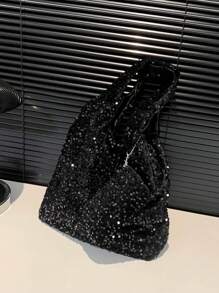 Korean Bling Bling Shoulder Bag, Large Capacity Gold Thread Sequin Bag With Unique Design, Tote Bag With Detachable Inner Pouch, Suitable For Work, Commute, Travel And School Use - Black - View 7