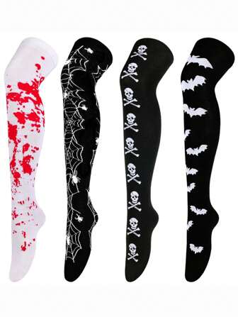1 Pair Halloween Socks, Bat Design, Costume Prop, Makeup Party Accessories, Skeleton & Blood Print Over-The-Knee Socks
