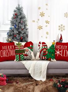 1 件/4 件，冬季红色雪人与圣诞老人字母印花亚麻抱枕套，18*18 英寸/45 X 45 厘米装饰枕套，无枕芯