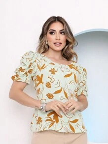 Floral Print Summer Blouse With U-Neck And Elastic Sleeves - 薄荷綠 - 查看 2