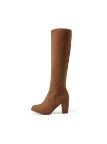 Women's Chunky Heel Knee High Round Toe Fashionable Boots For Winter - Coffee Brown - View 9