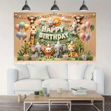 1 Piece Of Happy Birthday Banner With Jungle Animals, Outdoor And Indoor Party Decoration, Festive Forest Animal Theme, No Need For Power, Multifunctional,Christmas