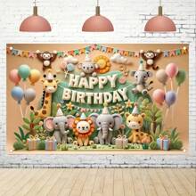 1 Piece Of Happy Birthday Banner With Jungle Animals, Outdoor And Indoor Party Decoration, Festive Forest Animal Theme, No Need For Power, Multifunctional,Christmas