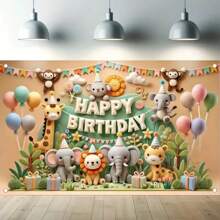 1 Piece Of Happy Birthday Banner With Jungle Animals, Outdoor And Indoor Party Decoration, Festive Forest Animal Theme, No Need For Power, Multifunctional,Christmas