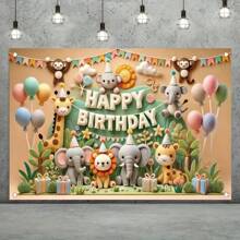 1 Piece Of Happy Birthday Banner With Jungle Animals, Outdoor And Indoor Party Decoration, Festive Forest Animal Theme, No Need For Power, Multifunctional,Christmas