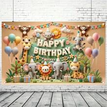 1 Piece Of Happy Birthday Banner With Jungle Animals, Outdoor And Indoor Party Decoration, Festive Forest Animal Theme, No Need For Power, Multifunctional,Christmas