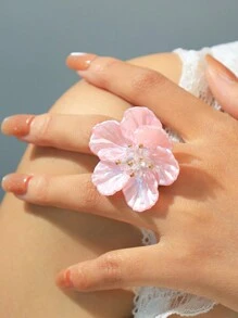 Mazuer 1pc Vintage Gold Tone Acrylic Oversized Simple Floral Ring, Fashionable Design For Women, Suitable As Graduation, Thanksgiving, Halloween, Teachers' Day, Back To School, Holiday, Party, Daily Wear