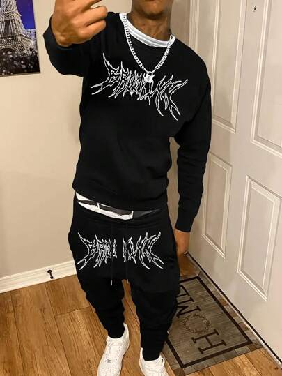 Conjunto casual holgado de sudadera de cuello redondo de manga larga con estampado simple y pantalones para hombres