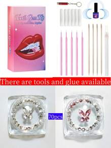 70 piezas Kit de joyería de dientes con piedras de imitación autoadhesivas: gemas de mariposa para dientes, piedras de imitación de fondo plano, diamantes redondos, decoración brillante para dientes, fácil de colocar y quitar, accesorios de cristal, gótica Y2K para Halloween, incluye herramienta y pegamento