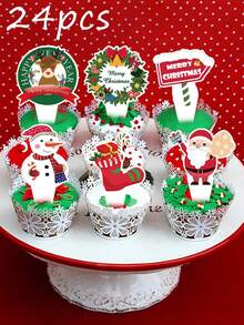 24 件/包圣诞派对纸杯蛋糕装饰，圣诞老人，铃铛，星星和更多圣诞派对装饰用品，圣诞快乐，生日派对纸杯蛋糕装饰，圣诞装饰，圣诞礼物，圣诞餐桌甜点装饰 - 彩色 - 查看 5