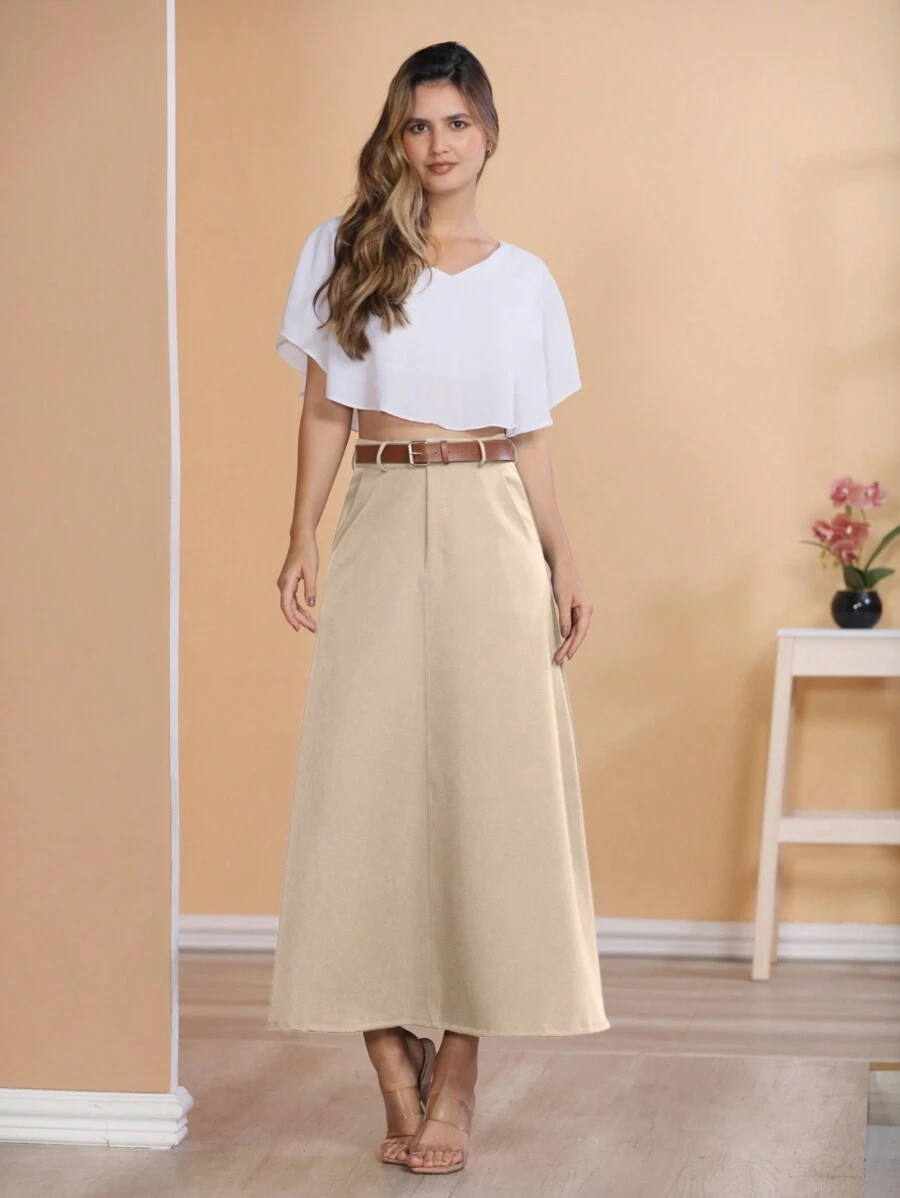Long Monochromatic Tailored Skirt With Black Belt/Button Details/Casual/Trend/Look/Everyday/Summer/Elegant/Casual/Stylish/Collection 2024 - 米色 - 查看 1