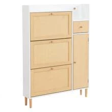 Okwish Shoe Cabinets Wood-Based Material Shoe Cabinet Made Of Rattan With Solid Wood Legs And Handles, W90/H125/D17 Cm, Natural/Natural&White - 白色 - 查看 7