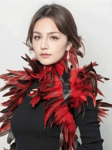 一件羽毛披肩连衣裙，哥特式羽毛背心披肩服装，适合狂欢节、节日、派对、舞台表演。天鹅绒斗篷套装，配人造羽毛披肩——长款女巫连衣裙，适合角色扮演、狂欢节和化装舞会派对，万圣节女装。 - 彩色 - 查看 2