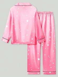 2pcs Tween Girl Starry Sky Print Trim Long Sleeve Top And Pants Pajama Set, Pink - Multicolor - View 12
