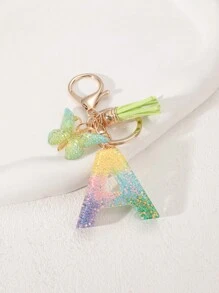 1pc Creative Letter Resin Drop Keychain With Butterfly Tassel Pendant For Girls - Multicolor - View 23