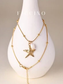 FICCINO FICCINO Starfish Titanium Steel Gold-Plated Pendant With Faux Pearl Pendant Necklace, Titanium Steel Gold-Plated Bead Chain Necklace, Beach Style, Daily Match, Friendship/Holiday Gift, Comes With Box