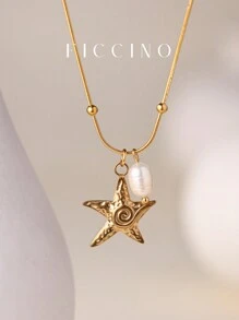 FICCINO FICCINO Starfish Titanium Steel Gold-Plated Pendant With Faux Pearl Pendant Necklace, Titanium Steel Gold-Plated Bead Chain Necklace, Beach Style, Daily Match, Friendship/Holiday Gift, Comes With Box