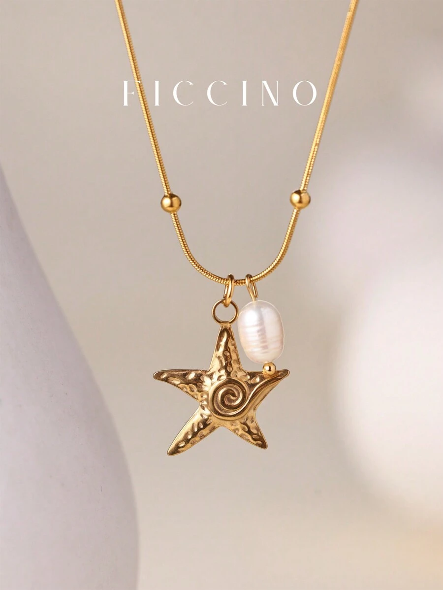 FICCINO FICCINO Starfish Titanium Steel Gold-Plated Pendant With Faux Pearl Pendant Necklace, Titanium Steel Gold-Plated Bead Chain Necklace, Beach Style, Daily Match, Friendship/Holiday Gift, Comes With Box