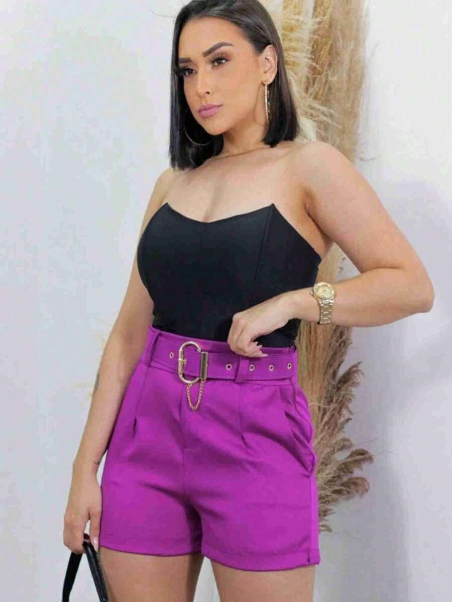 Women's Tailored Shorts With Covered Belt - Purple - View 1