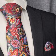 1 件/2 件/3 件男士经典 8 厘米（3.15 英寸）花卉印花领带，纤薄缎面真丝领带，红色花卉图案领带组合套装，配有口袋巾和领带夹，是送给男士的绝佳礼物，适合婚礼、约会、正式晚宴、派对情人节男士领带 - 紅色 - 查看 16