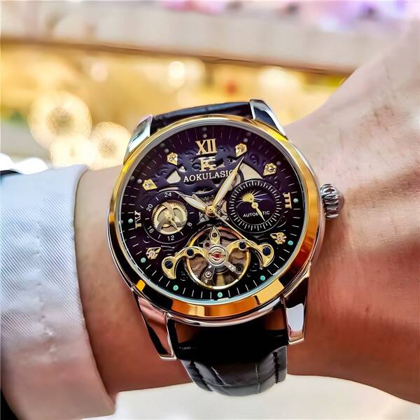 FENSIR Genuine Original Tourbillon Fully Automatic Mechanical Watch With Moon Phase, Luminous, Waterproof, Fashion Leather Band Wristwatch For Men
