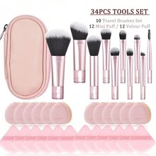 34件套化妆刷套装：10支旅行化妆刷（带收纳盒）、24个化妆海绵、便携式化妆刷，适合初学者，化妆刷套装，化妆刷套装，化妆刷套装，全套化妆刷，化妆刷套装，全套化妆工具，化妆刷套装，化妆刷套装，化妆礼盒套装