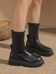 Botas formales de otoño e invierno para mujer - Botas cómodas de slip-on, zapatos con tacón grueso y con suela antideslizante y cálida de media pantorrilla