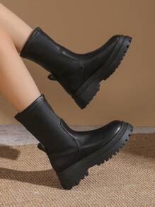 Botas formales de otoño e invierno para mujer - Botas cómodas de slip-on, zapatos con tacón grueso y con suela antideslizante y cálida de media pantorrilla