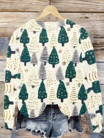 Fashionable Digital Print Pattern Pullover Sweater For Women, Fall/Winter Style