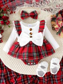 2pcs Baby Girl Bow-Knot Decor White Ribbed & Red Plaid Ruffled Bodysuit With Headband, Spring & Autumn - Red - View 2