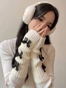 1 双时尚 Y2k 蝴蝶结露指手套臂部保暖手套，Jk 针织露指手套万圣节防寒手套情人节 - 彩色 - 查看 2