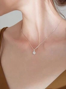 925 Sterling Silver Single Diamond Necklace For Women, Dainty Box Chain, Minimalist Sparkly Pendant Clavicle Chain, Gift