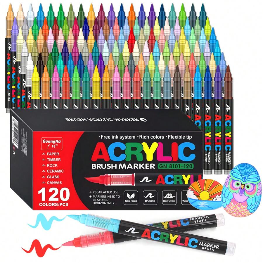 120 色/套丙烯酸涂料笔，带软刷头，非常适合画布、岩石、木材、玻璃、陶瓷、织物绘画、DIY 工艺品、返校用品、万圣节、圣诞节、感恩节礼物 - 120色/套 - 查看 1