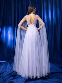 Váy dạ hội trang trọng cổ chữ V sâu tay áo đính sequin Kexmon, váy dạ hội thanh lịch, dành cho khách dự tiệc cưới, tốt nghiệp, tiệc tối - Màu tím - Xem 2