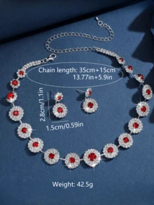 3pcs Sparkling Rhinestone Bridal Jewelry Set Including Earrings And Necklace, Elegant Party Style - Red - View 3