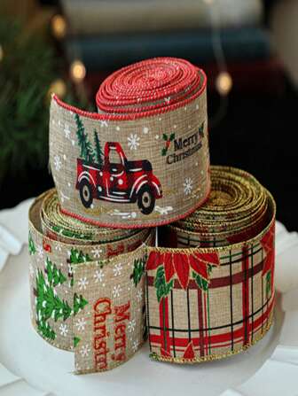 1roll 6.3cm Wide X 2m Long Christmas Woven Ribbon, Imitated Linen Fabric Ribbon, Decoration Bow, Accessory For Christmas Hair Tie,Christmas