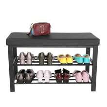 SONGMICS Shoe Bench, 3-Tier Shoe Rack For Entryway, Storage Organizer With Foam Padded Seat, Faux Leather, Metal Frame, For Living Room, Hallway, 12.2 X 31.9 X 19.3 Inches, Black - 黑色 - 查看 5