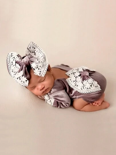2 件新生儿蕾丝边天鹅绒连体衣和头带套装，婴儿蝴蝶结服装，女童摄影服装婴儿洗礼家庭装饰礼物婴儿洗礼复活节礼物，适合女孩/男孩