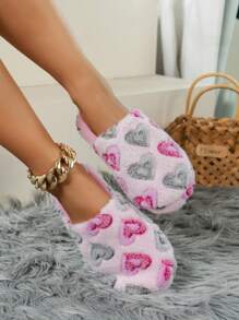 Women Fashion Heart Design Fuzzy Warm Slip-On Bedroom Slippers For Winter