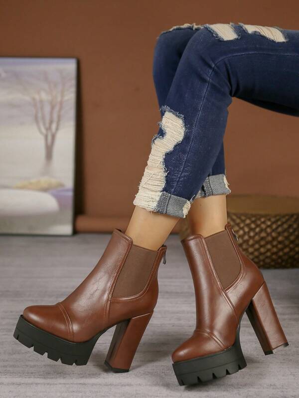 New Autumn/Winter Fashion Women Ankle Boots Chunky Heel Round Toe Short Boots, Elastic Band Back Zipper Casual Comfortable High Heel Boots, Fall Shoes,Party Outfits