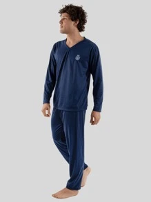 Men's Long Sleeve V-Neck Pajamas Comfortable Warm Sleepwear - Azul Marino - Ver 3